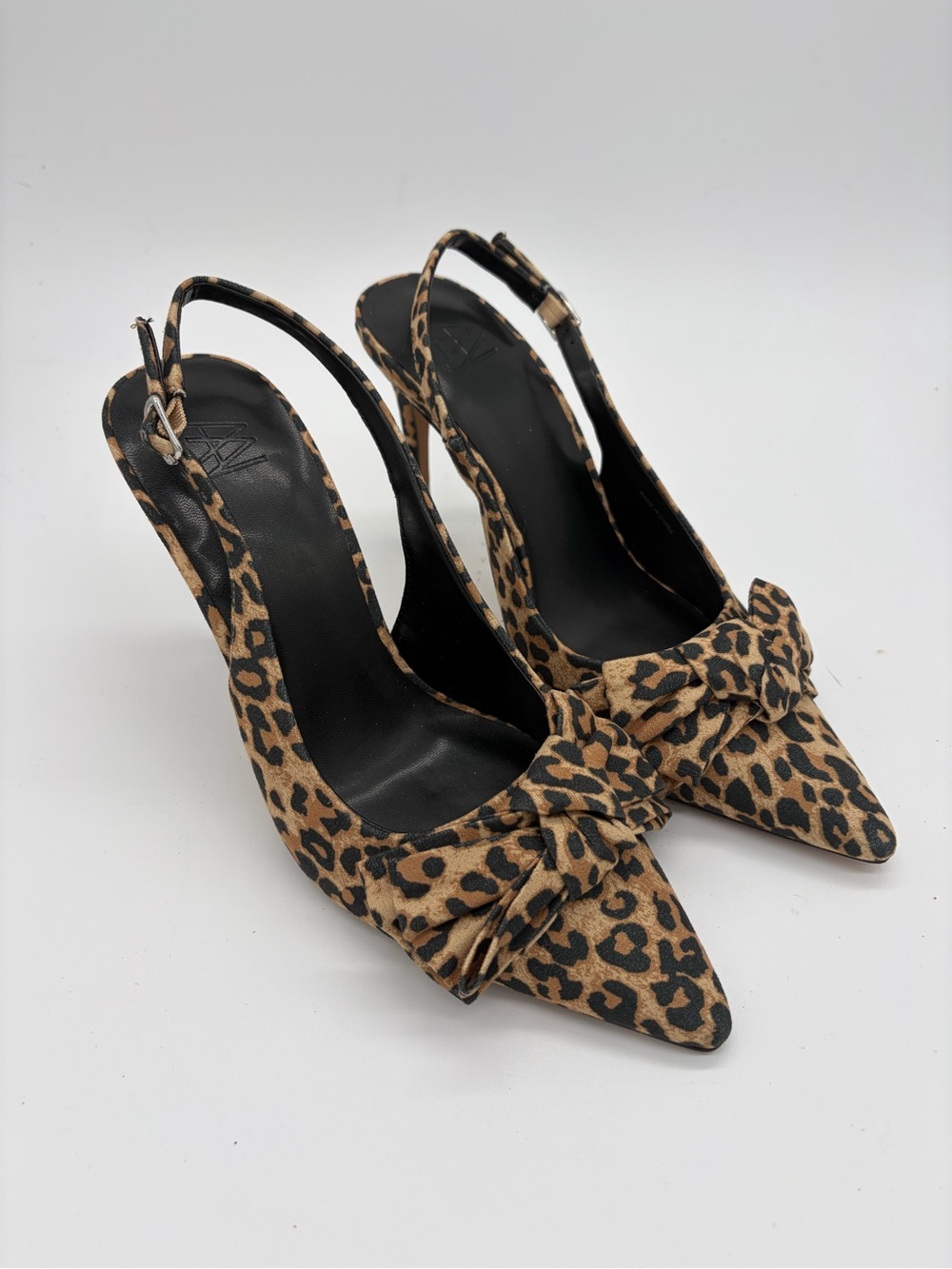 Leopard Print Pointed Slingback Heels with Bow Detail - Brown/Black